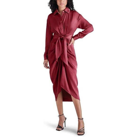 Steve Madden Sula Shirt Dress Women's 0 Red Wrap Twist Front Long Sleeve ERK326 - Picture 1 of 8